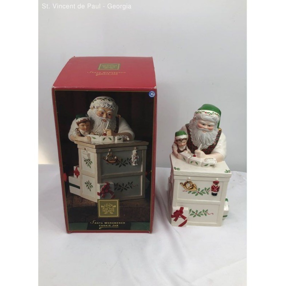 Vintage Lenox Santa's Holiday Toy Shop Workbench Christmas Cookie Jar W/ Box
